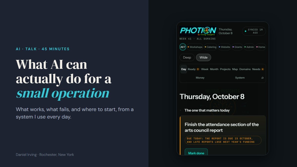 Talk cover: What AI can actually do for a small operation, beside the AI planning app Daniel Irving built (sample data)