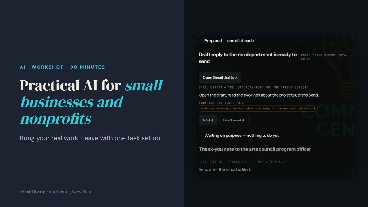 Workshop cover: Practical AI for small businesses and nonprofits, beside work an AI assistant prepared to one click (sample data)